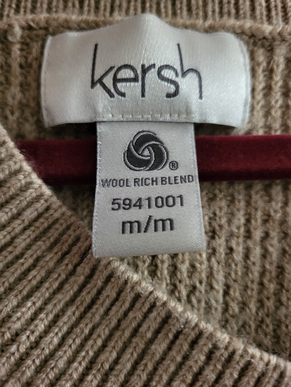 Kersh Waffle Knit V-Neck Sweater Tan Beige Merino Wool Blend Medium - Picture 4 of 5